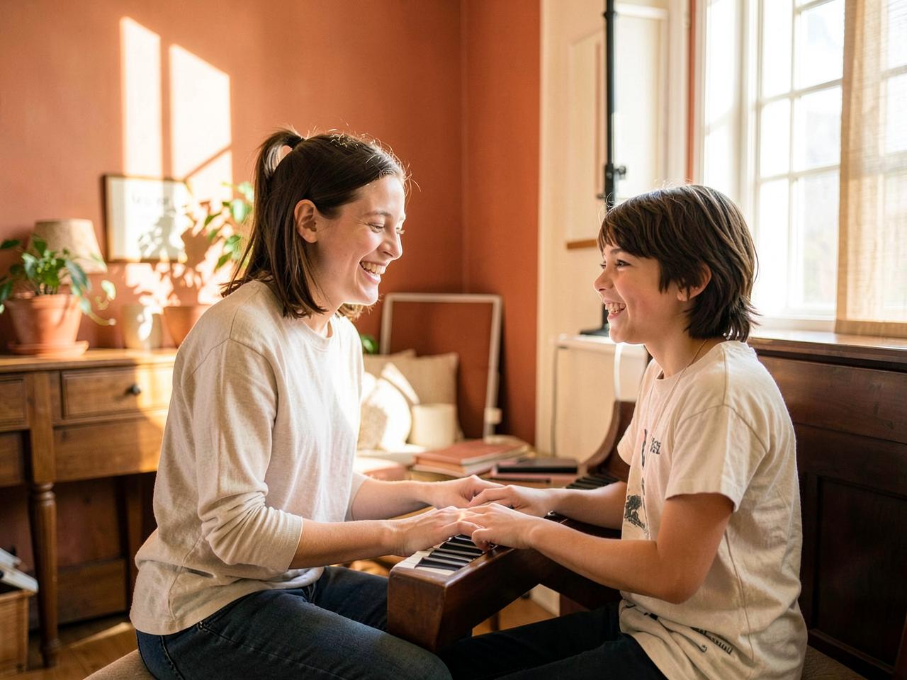 Vocal coach and student laughing during a voice lesson at the piano