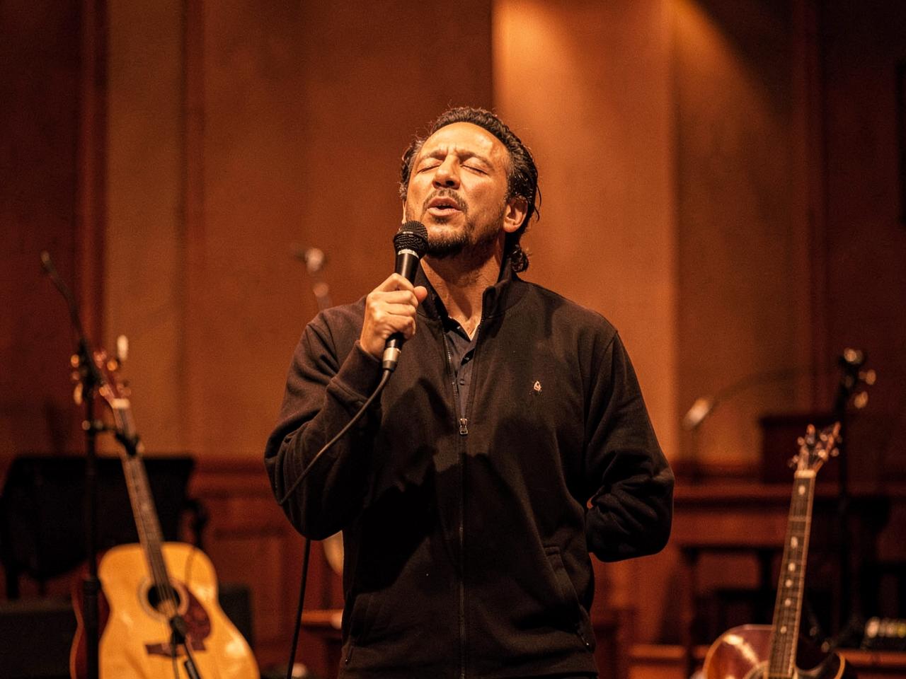 Worship leader singing on a warmly lit stage